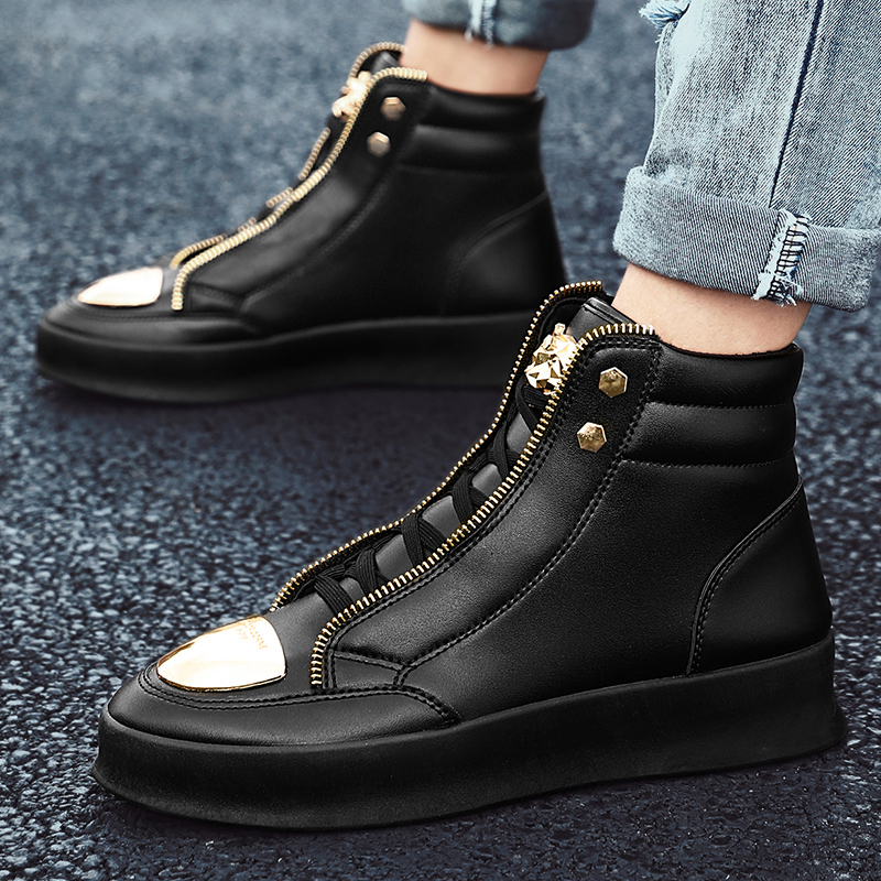 Autumn Men Ankle Boots Tiger Relief Leather Basketball Shoes Zip Flats Sneakers Male Casual Shoes Loafers Punk Nightclub Boots NOXYZ33