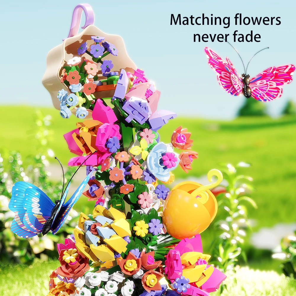 Creativity Newest Blue City Butterfly Music Box Flower Basket Bouquet Model DIY Building Blocks Bricks Toys For ddmysmile Adult Girls Gift Smile
