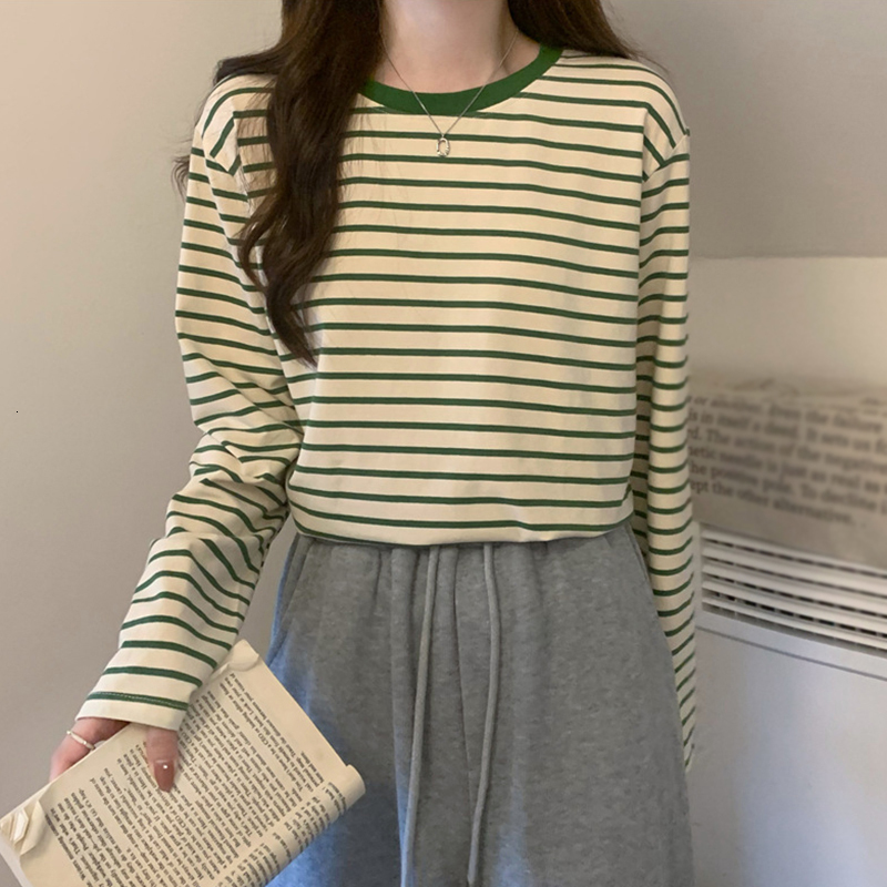 2025 new model Womens Long trend Sleeve T Shirts Spring Autumn Casual Loose Crewneck Color Block Stripe Tee Tops