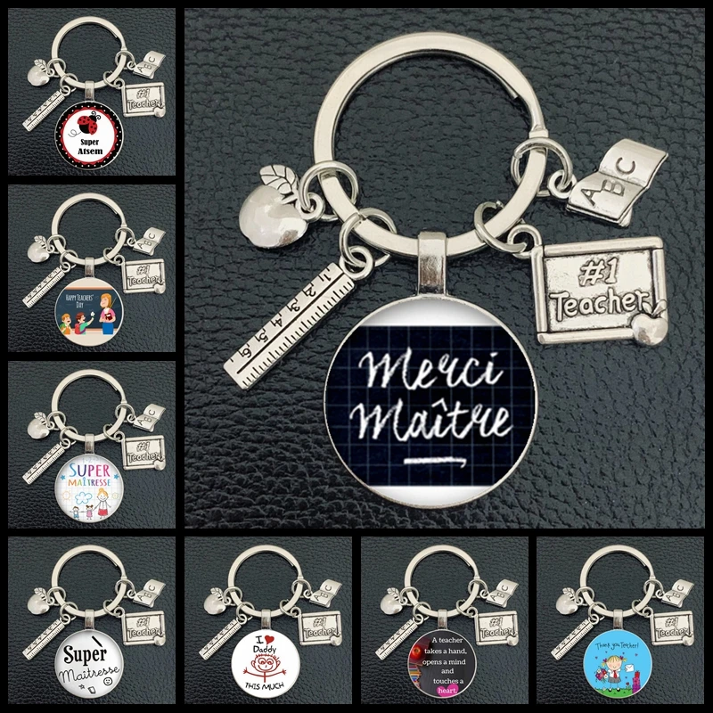 New teachers day gift keychain jewelry thank you teacher cute pattern pendant glass round charm bag keychain souvenir