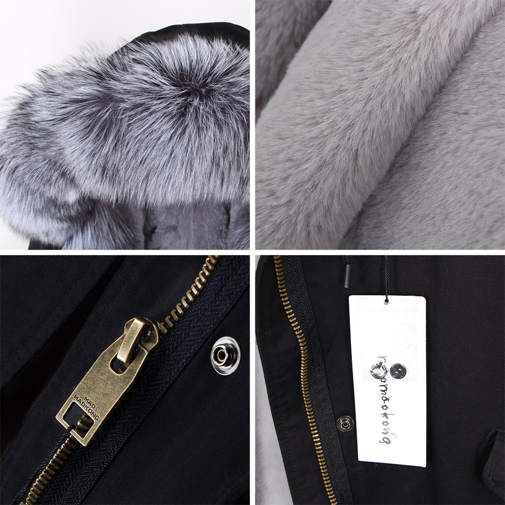 MAOMAOKONG 2024 Winter Women Natural Fox Collar Cuff Black Jackets Outwear Thick Real Parka Women's Fur Coat