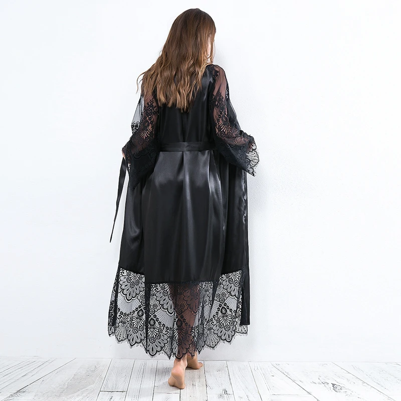 Wedding Dressing Gown Sexy Women Long Satin Bride Robes Lace Silk Kimono Bathrobe Bridesmaid Nightwear See Through Sleepwear smile