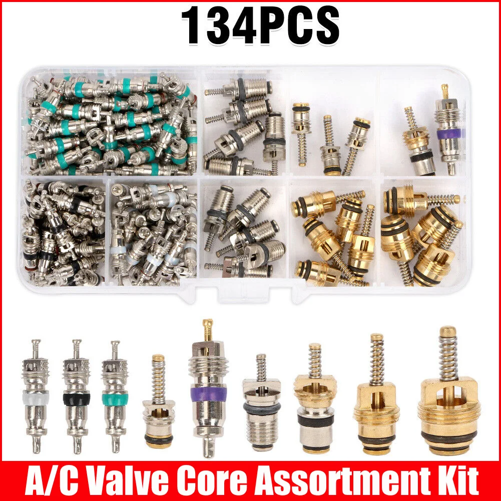 134Pcs Car Air Conditioner Valve Cores Assortment A/C AC Shrader Valve Core & Tool R134 R12 HVAC Valves Kit Auto Accessories