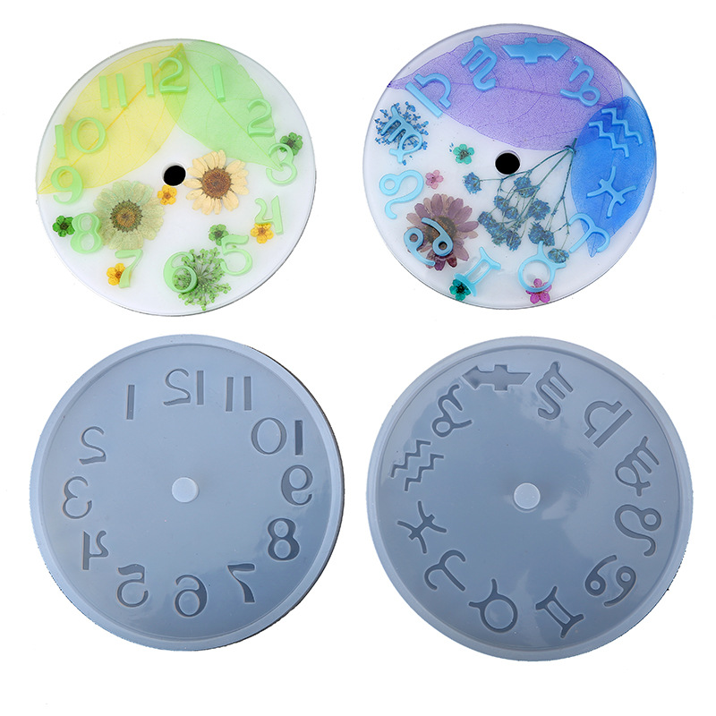 Clock Resin Crystal Drop Glue Mold DIY Handmade Twelve Zodiac Arabic Numeral Clock Mirror Silicone Mold Home Decoration Storage