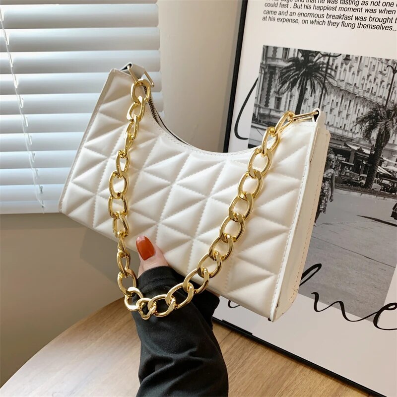 100% Polyurethane Solid Color Stitching Underarm Bag Chain One-shoulder WOMEN'S Bag