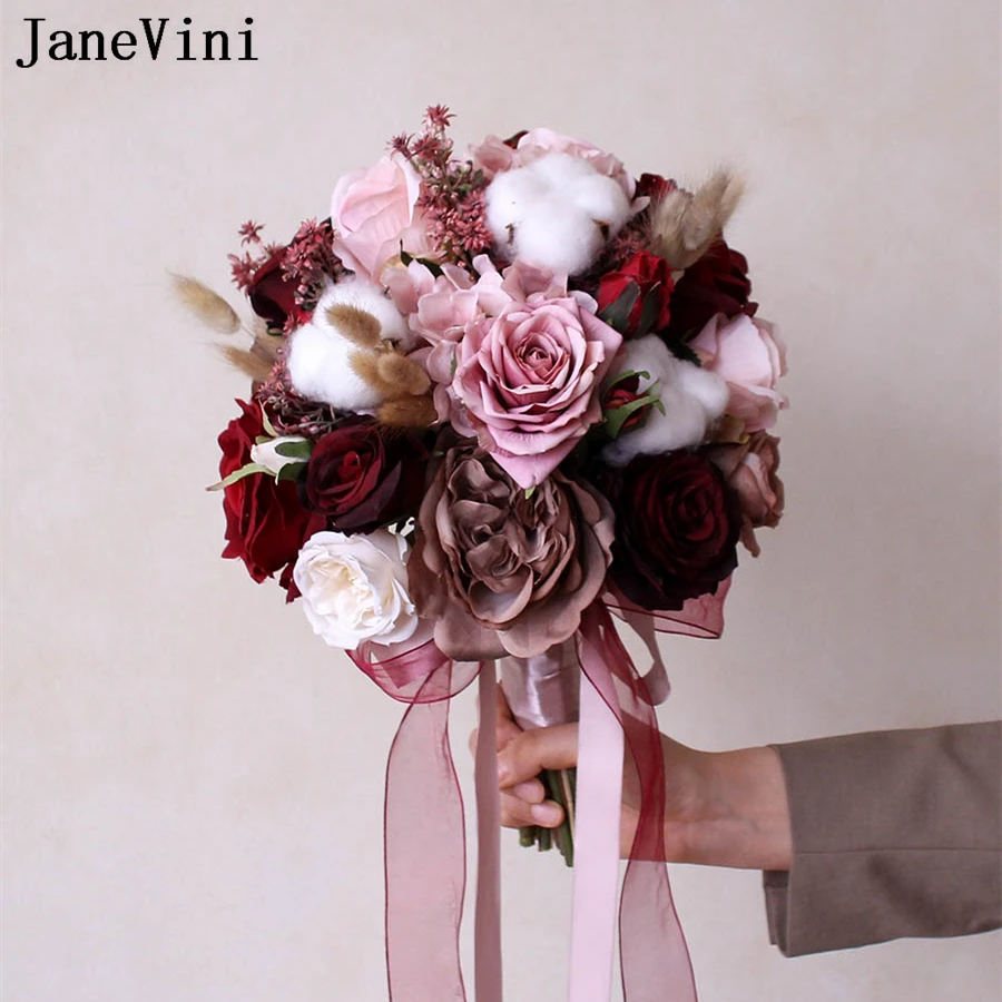 Wine Janevini Red Vintage Wedding Bouquet Artificielle Mariage Artificial Bury ddmysmile Pink Rose Bride Flowers Bridal Bouquet 2023 Smile