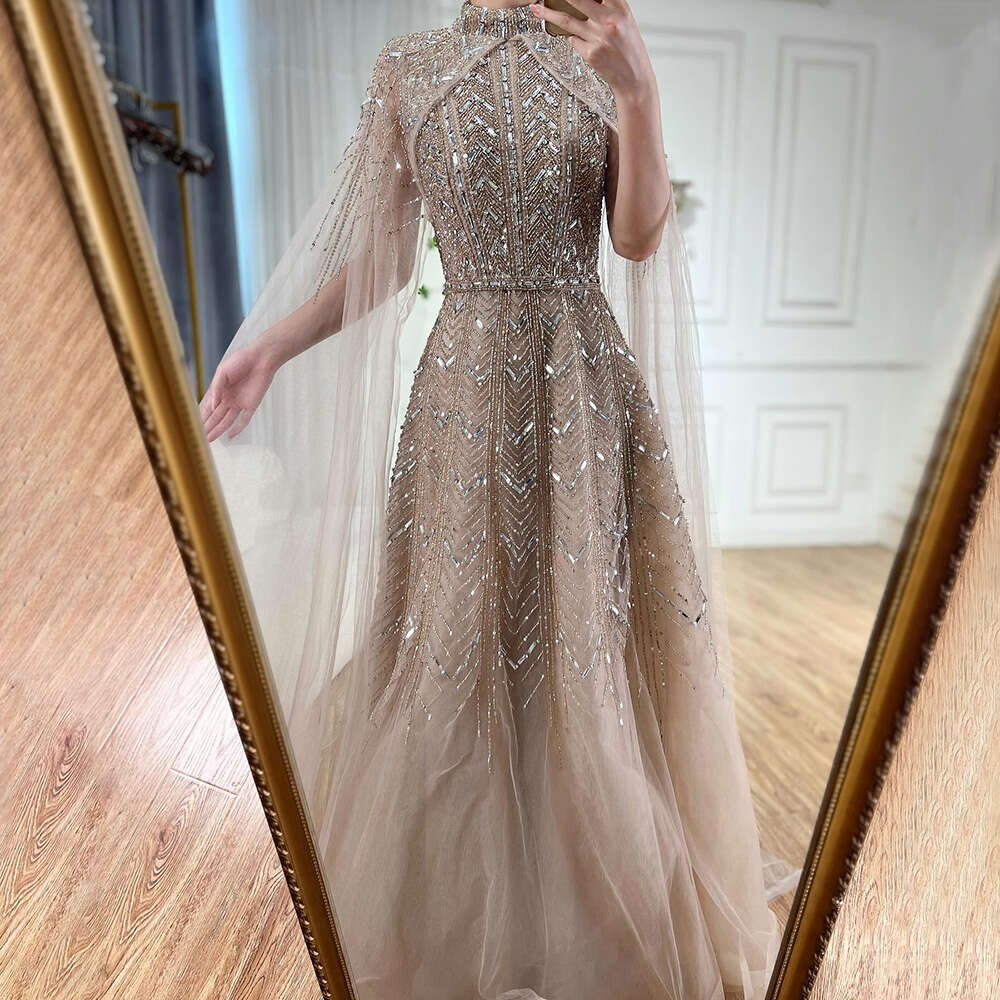 Blue Serene Hill Beaded Design A E Saudi Arabic Evening Dresses Gowns With Cape Sleeves For Ocn LA Customized Rabic Vening L 6660311