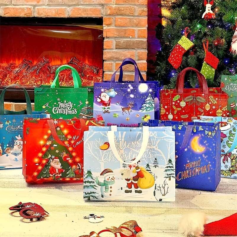 Christmas 8pcs Gift With Handles, Grocery Christmas Treat Bags, Multifunctional Non-Woven Holiday Decoration Bags