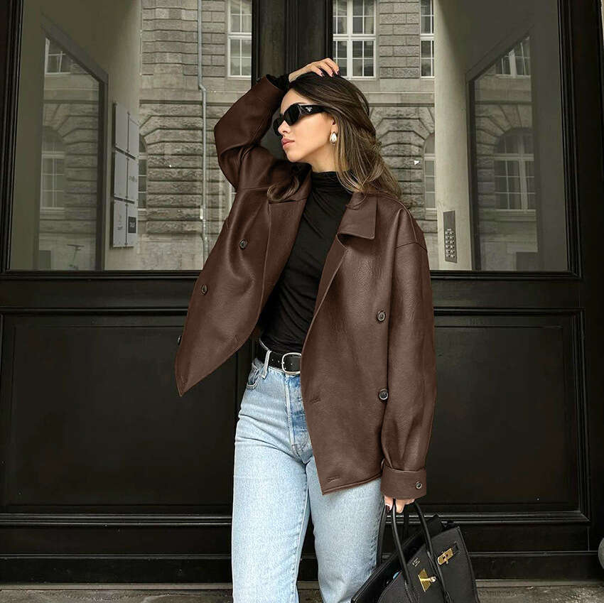 shanshi leather jacket women Winter brown women's high-end loose suit collar, leather jacket, 2024 new style