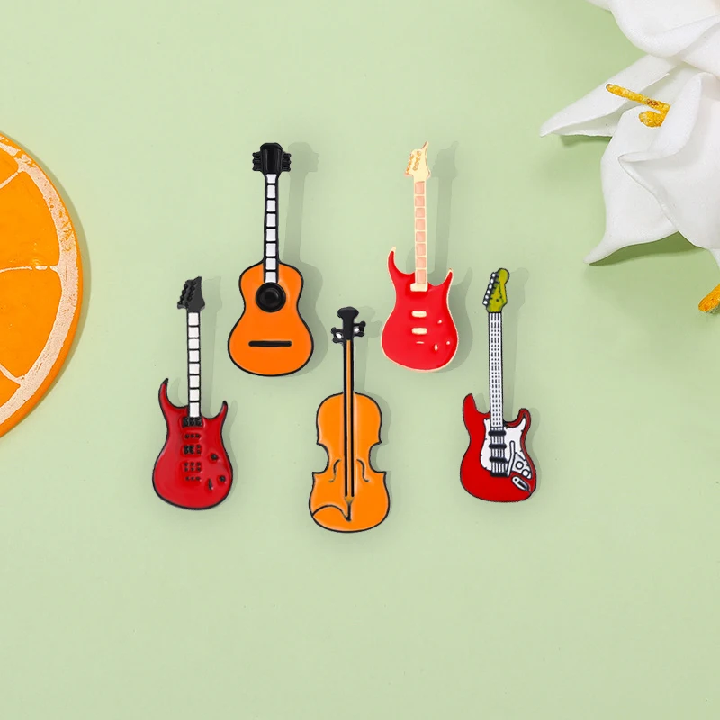 Creative Musical Instrument Enamel Pins Guitar Violin Bass Brooch Metal Rock Orchestra Lapel Badges Jewelry Gifts