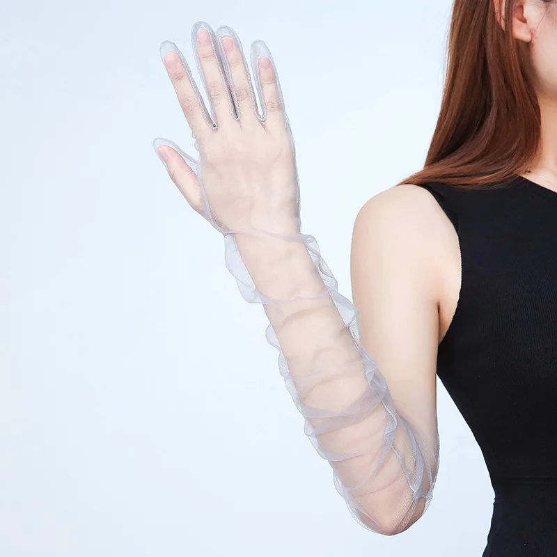 70Cm Women Sheer Tulle Gloves Transparent Thin new Stretchy Full Finger Elbow Long Glove 2025 Mittens Wedding Party Photography Accessory