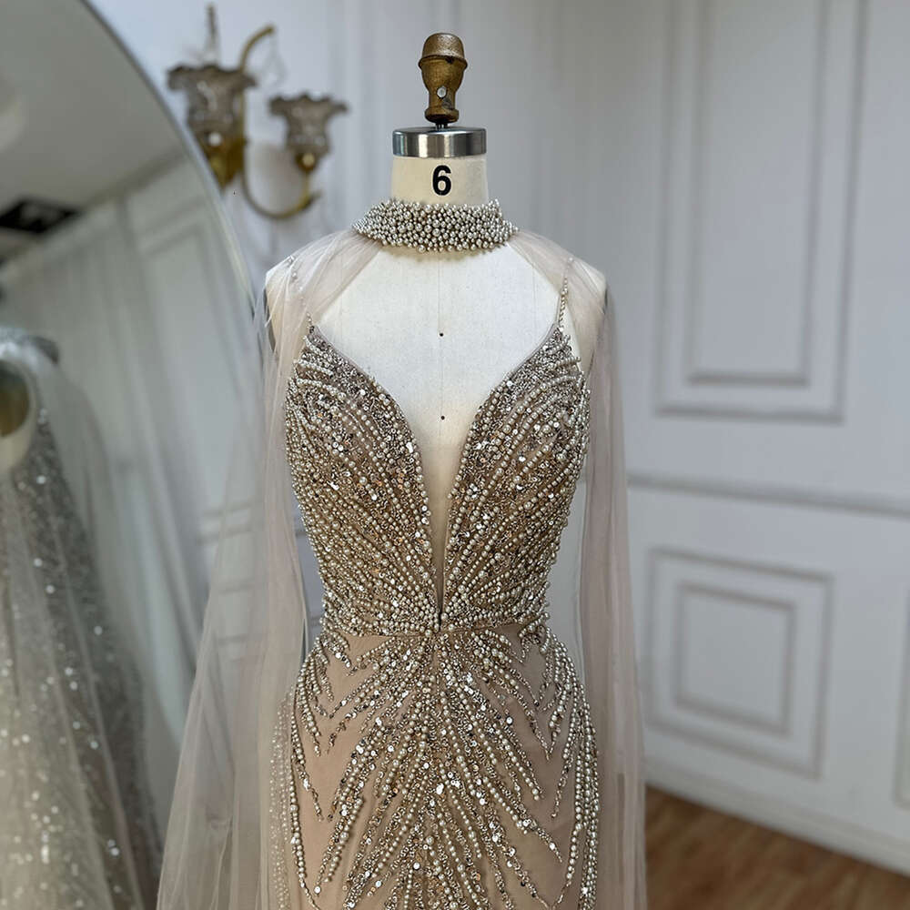 Beaded Shiny Long Mermaid Evening Dress with Spaghetti Straps - Caramel