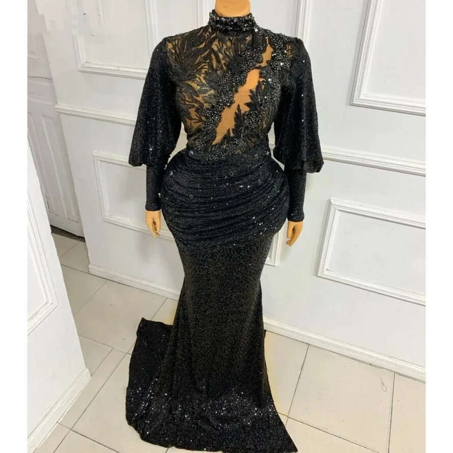 Elegant Black Sequins Prom Dresses For African Women High Neck Long Sleeve Applique Plus Size Formal Birthday Party Evening Gowns Abendkleider Mal D03