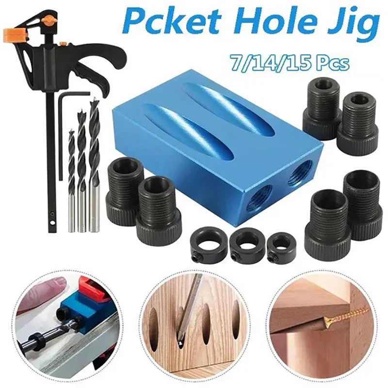 Pocket New Hole 7/14/15Pcs Screw Jig 15 Degrees Dowel Drill Joinery Kit ddmysmile Carpenters Wood Woodwork Guides Joint Angle Locator Tool Smile
