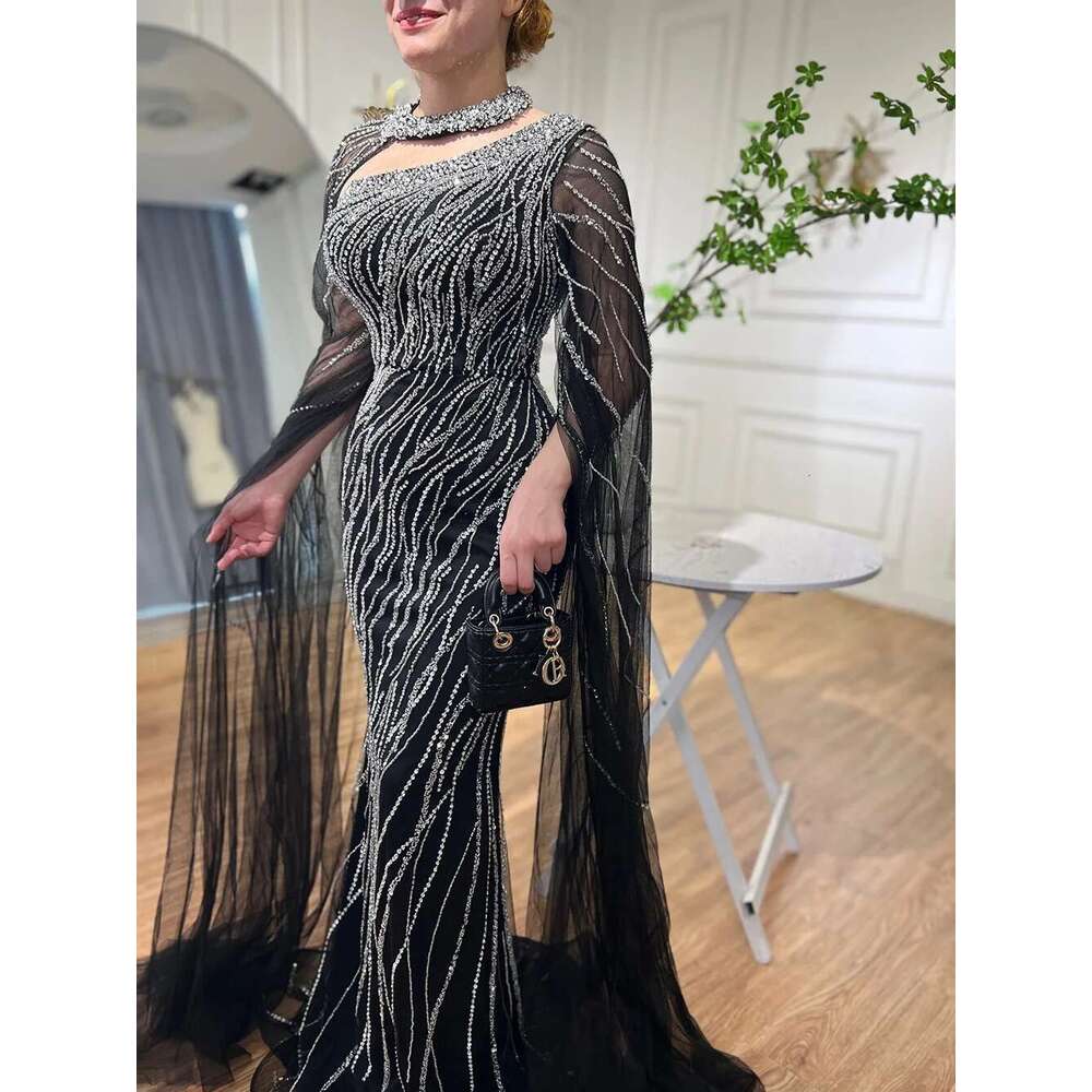 Serene Hill Black Mermaid Cape Sleeves Beaded Evening Dresses Gowns Arabic Party LA Customized
