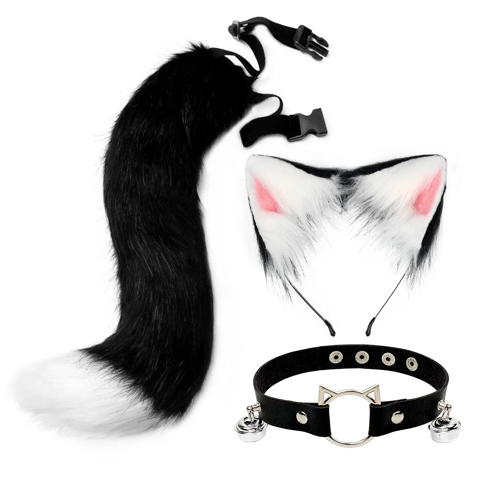 Handmade Furry Cat Kawaii Ears and Tail Set Wolf Fox Hair Clip Faux Fur Leather Neck Choker Halloween Party Cosplay Set Gift Bag smile