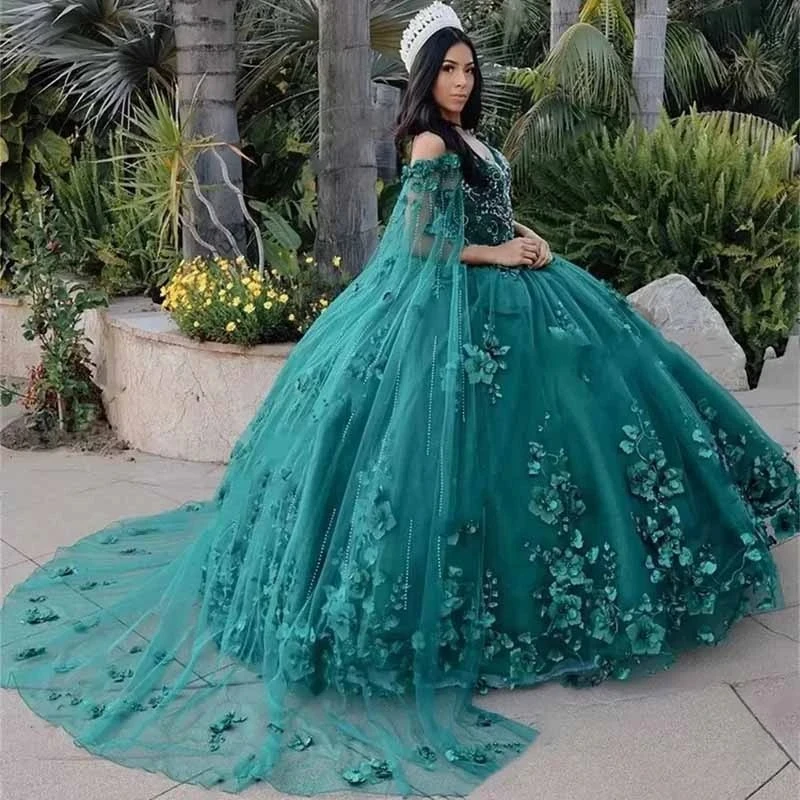ANGELSBRIDEP Emarled Green new Quinceanera Dresses with Cape Shiny Vestidos De 15 Anos Formal Birthday Party Ball 2025 Girthday Gowns HOT