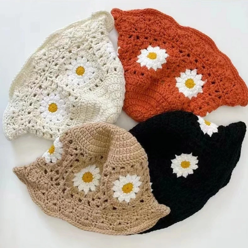 Hat Crochet Flower Bucket for Woman Breathable Multi-color Weaving Wide Brim Bucket Hat Adult Teens Summer Fisherman Cap smile