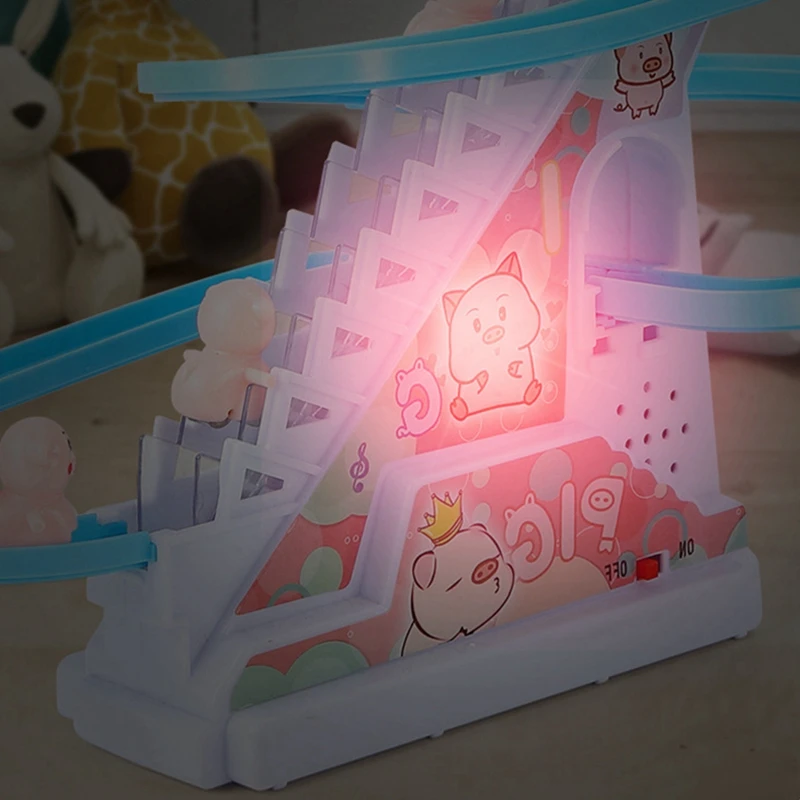 DIY 2025 Rail Racing Track Electric Duck Climbing Stairs Toy Pig Penguins Music Electric Roller new Coaster Toy For Kid Children Gift