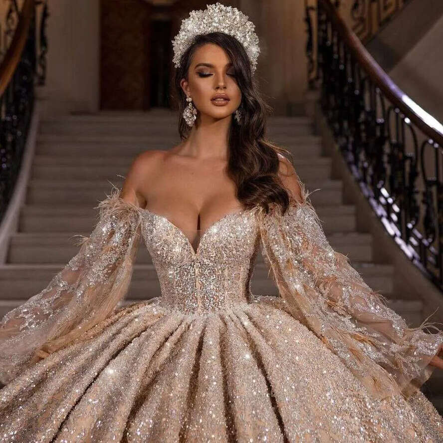 Princess Wedding Dresses Beading Illusion Sleeve Sweatheart Dress Fluffy Bride Gown