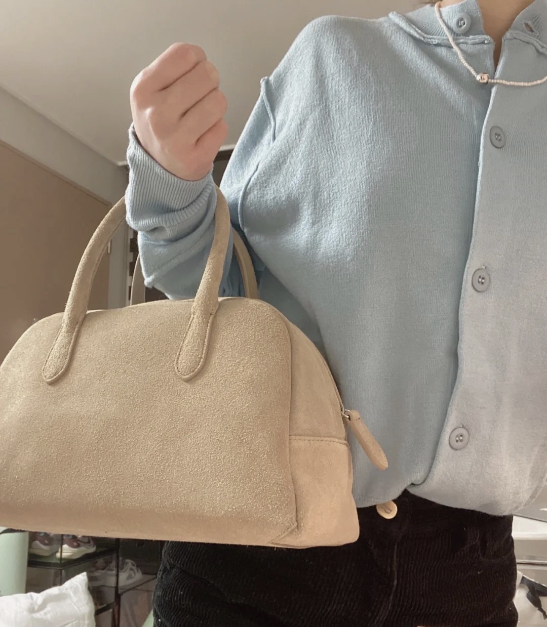Women's Suede Cowhide Bowg Boston Korean Niche Classic Style Genuine Leather Ladies Handle Bag Genuine Leather Zipper Style BagVoyage