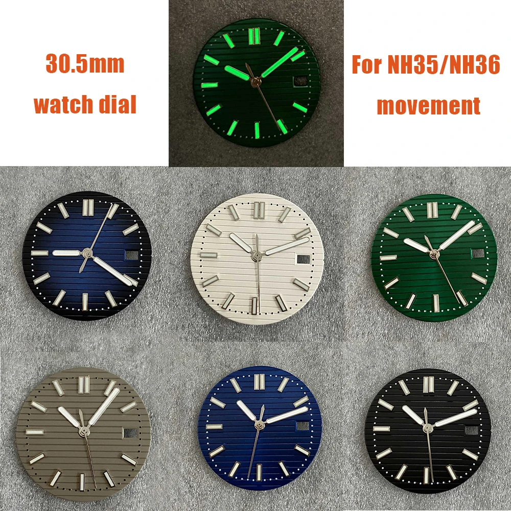 30.5mm Watch Dial+Watch Hands Watch Accessory Set Green Luminous Strip Nail Men's Watch Replacement Parts for NH35/NH36 Movement