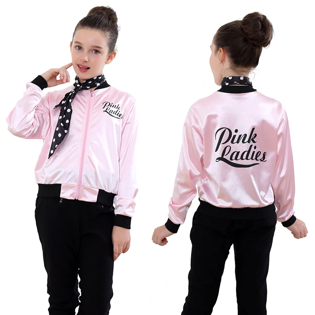 The Grease Cosplay Costume Pink Ladies Gang Girls Jacket Kids Retro Fancy Cheerleader Pink Jacket Coat Autumn Halloween Party smile