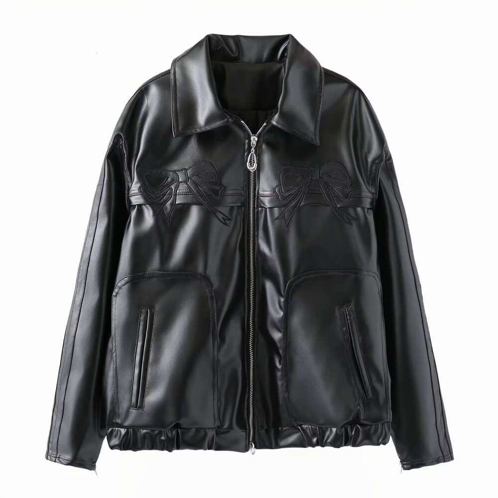 shanshi leather jacket women Spring New Women's Clothing Sweet Cool Bow Black Leather Jacket for Women