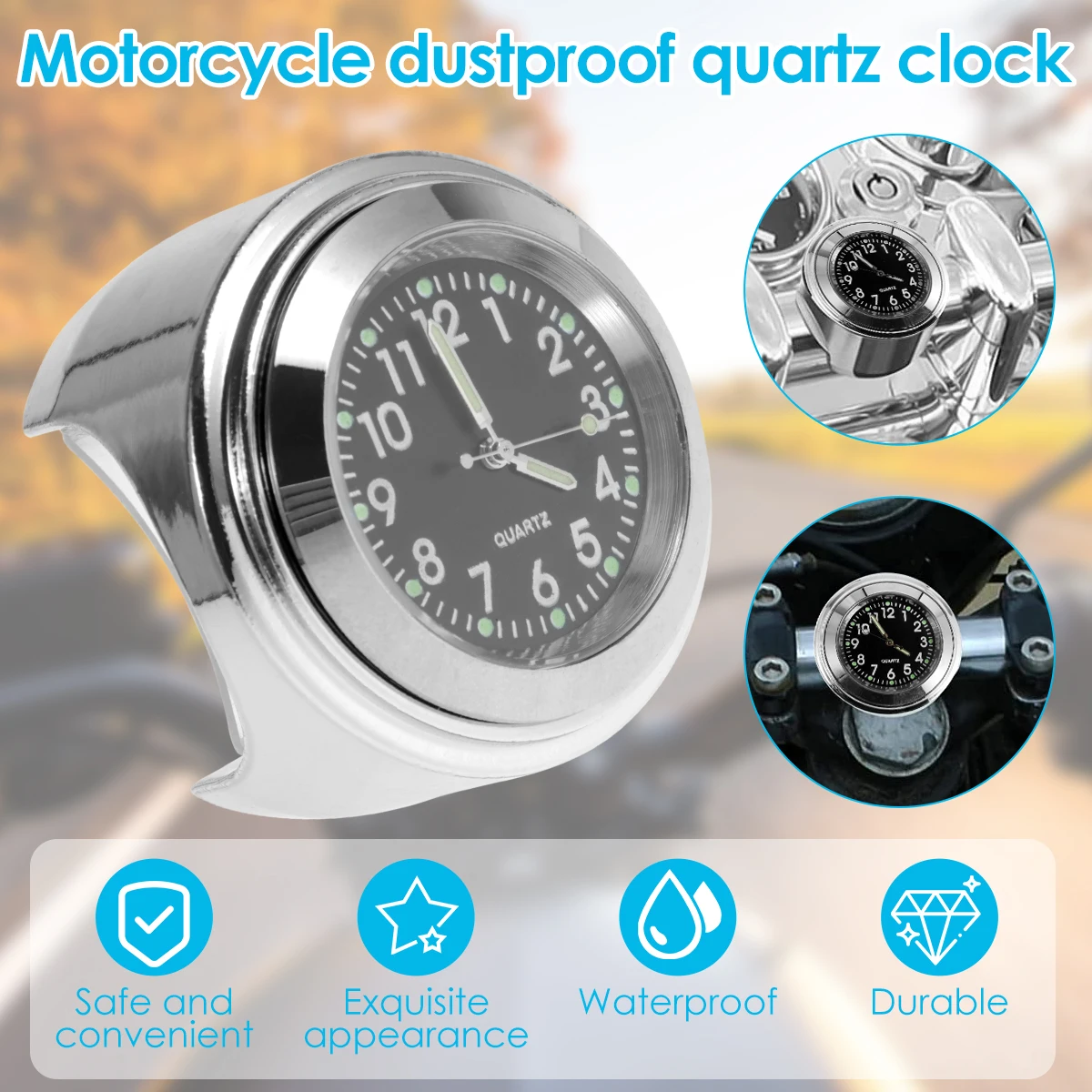 Motorcycle Handlebar Watch Waterproof Chrome Bike Handlebar Mount Quartz Clock Watch Aluminum Luminous Clock Moto Accessories