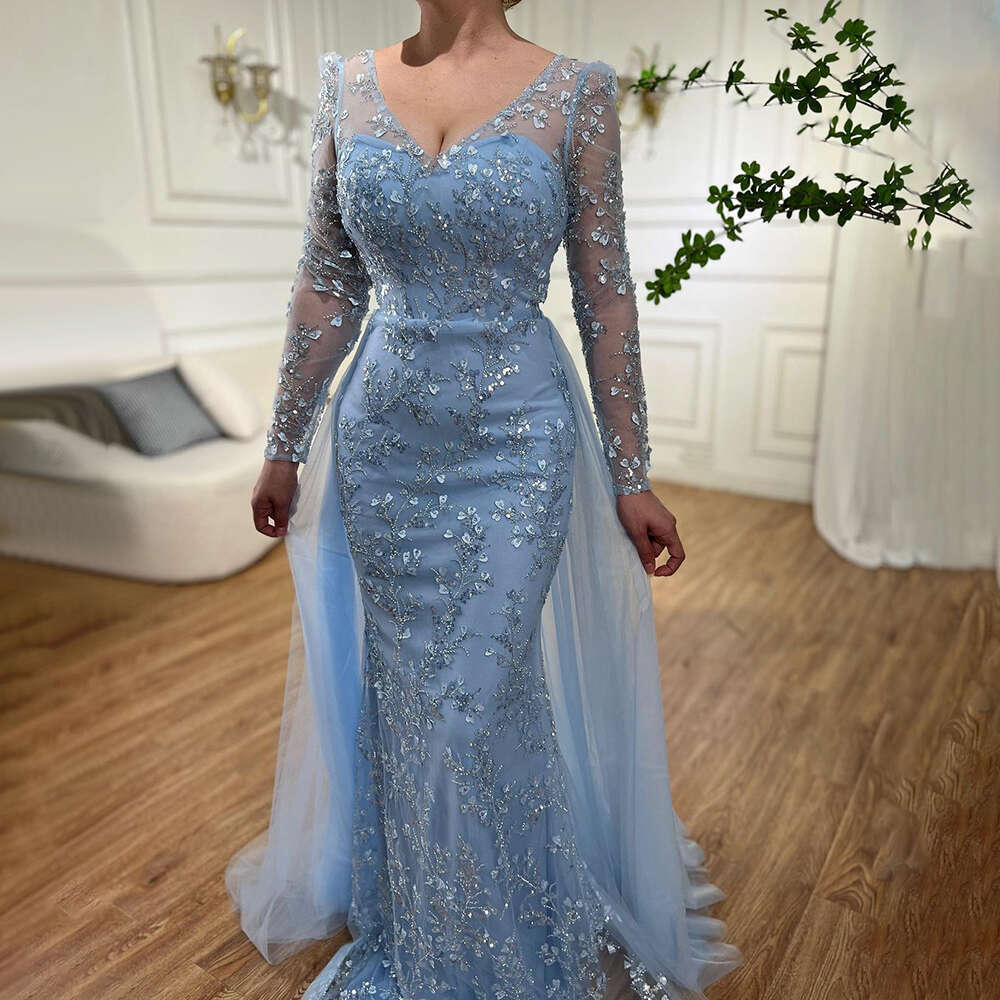 Blue Mermaid Customized Elegant With Train Beaded Arabic Evening Dresses Gowns For Women Party