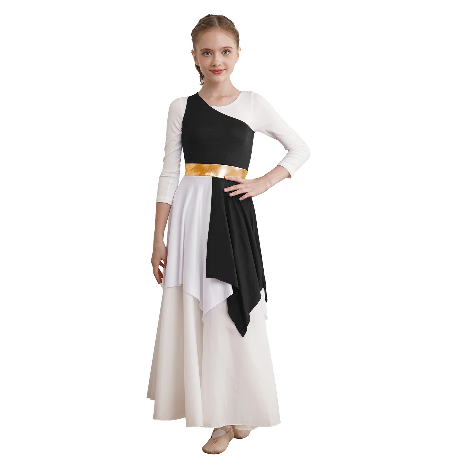 Girls Ballet Kids Gymnastics Lyrical Praise Dance Costumes Single Shoulder Praise Asymmetrical Tunic Liturgical Worship Dresses smile