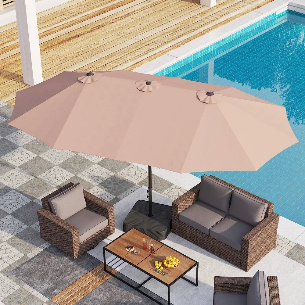 15ft Large Patio Umbrellas with Base Included Outdoor Double-Sided Rectangle Market Umbrella with Crank Handle for Poolside