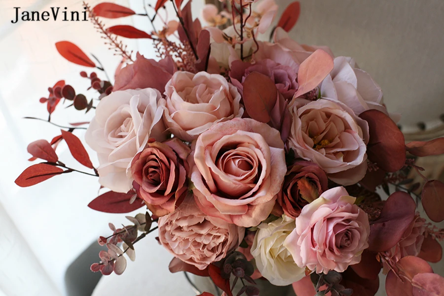 Pink Bride Vintage Janevini Flower For Wedding ddmysmile European Bridal Bouquets Handmade Silk Roses Eucalyptus Fake Bouquet Accessories Smile