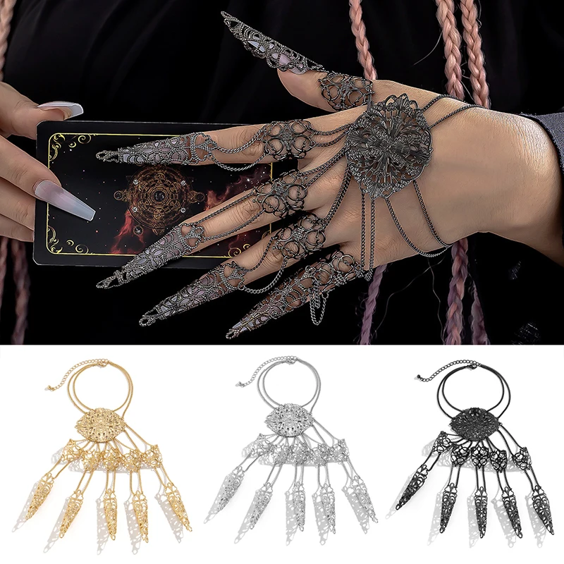 Punk Finger-cot Link Vintage Chain Bracelet Indian Thai Gold Color Connected Finger Ring Bracelet For Women Belly Dancer Cosplay smile