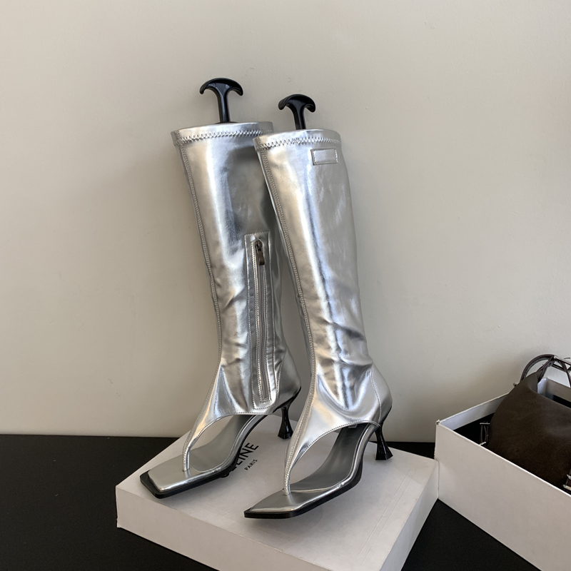 Eilyken Silver Open Toe Clip-On Knee High Boots Women Modern Booties Thin Low Heels Side Zipper Spring Party Pumps Sandals Shoe
