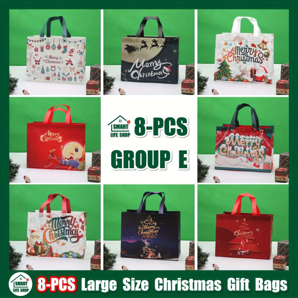 Christmas 8pcs Christmas Gift Bag Set - Reusable Non-Woven Tote Bags with Handles, Perfect for Holiday Presents & Party Favors, Black/Red/White