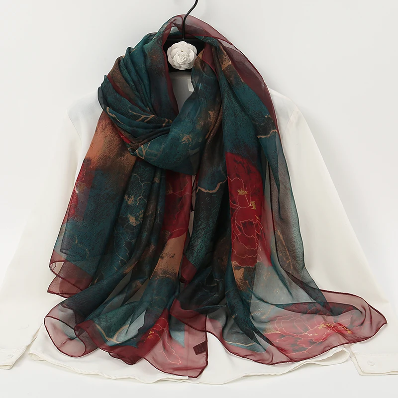 Scarf Silk Lightweight Through Women Foulard Thin Stoles Beach Travel Tippet Floral Long Veil Scarves Soft Premium Pareos smile