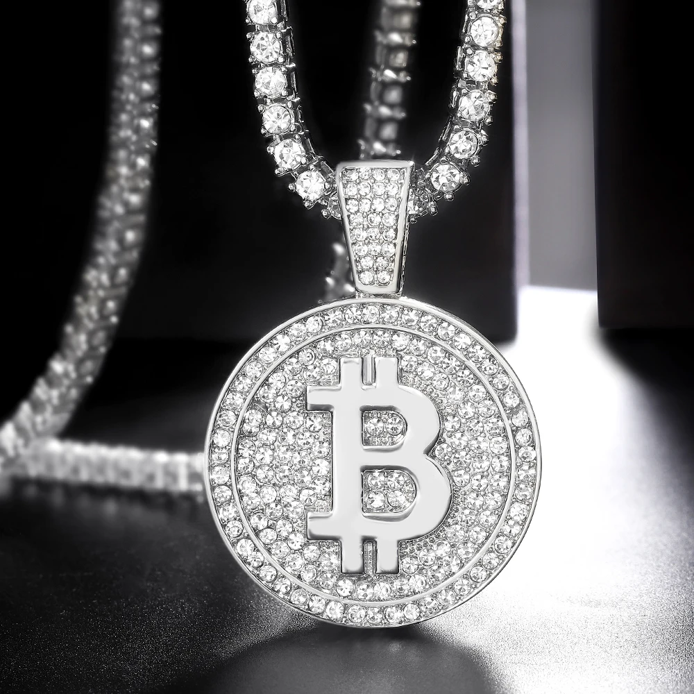 Out Bitcoin Pendant Iced Full Rhinestone Match Bling 4Mm ddmysmile Tennis Chain Necklace Choker Hip Hop Trendy Jewelry For Men And Women Smile