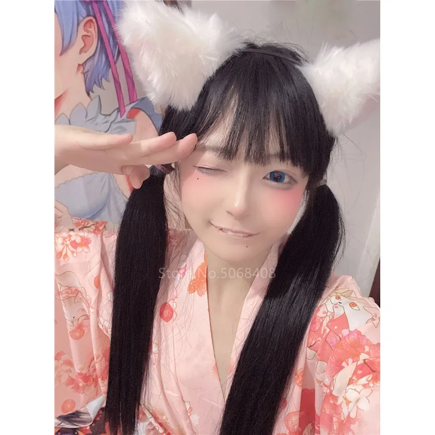 Japanese Kawaii Fur Lolita Kawaii Girls Carnival Cosplay Costume Women Girls Fur Long Rabbit Ear Feed Cats Cat Soft Ear Headgear smile