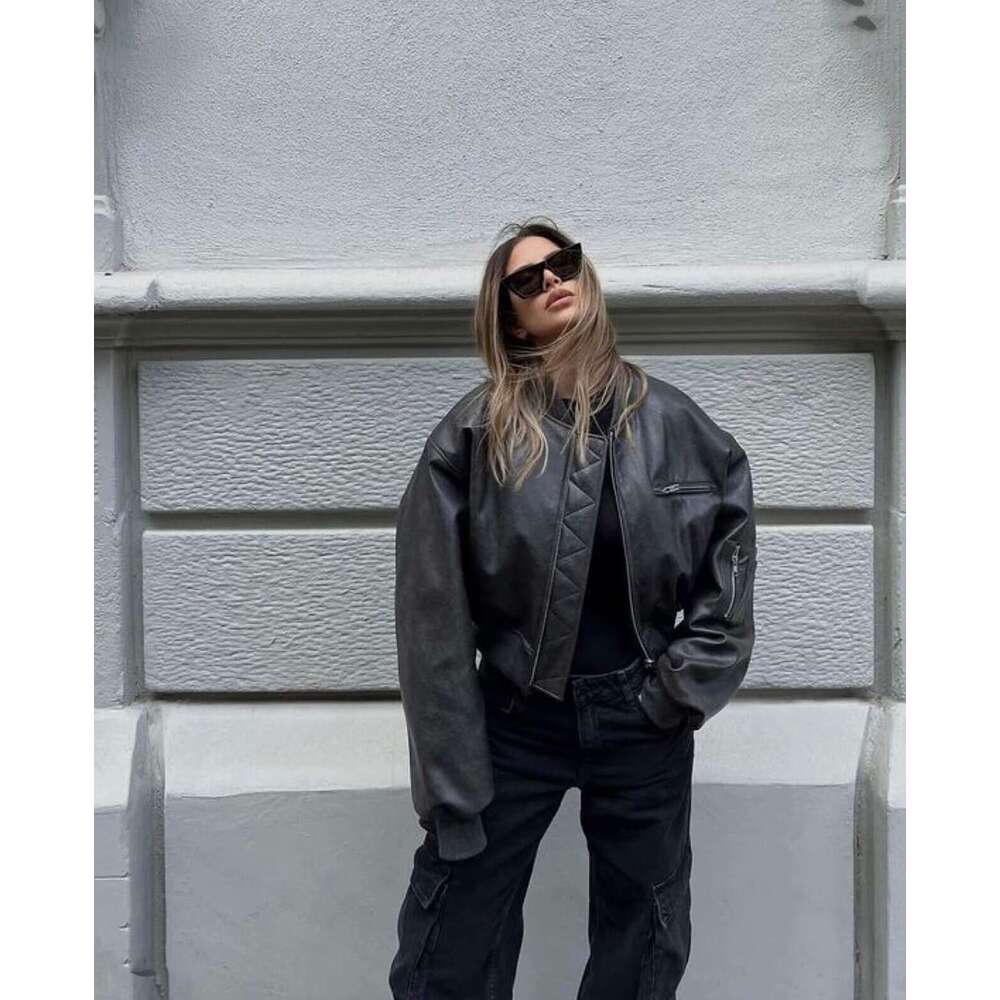 shanshi leather jacket women American Zipper Jacket for Women 2024 Winter New Collection with Cotton Warmth, Loose Long Sleeve PU Leather Coat, Trendy