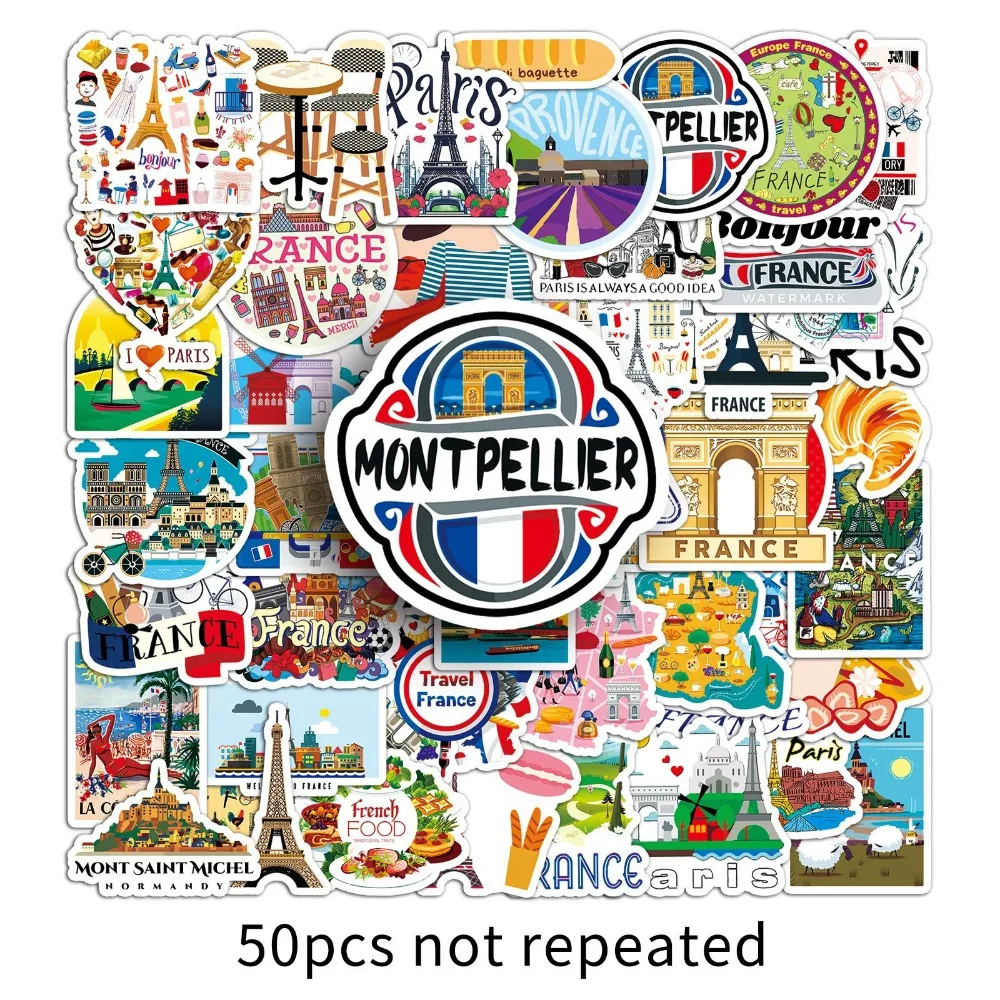 French Famous Paris 10/50pcs Tourist Landmark Check-in Attractions Stickers Travel DIY Travel Hand Account Guka Decal Kids Toys smile