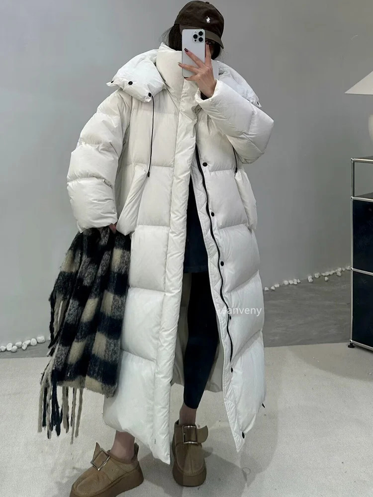Janveny womens down jacket Korean loose hooded thick warm long duck down jacket winter inflatable jacket suitable for womens park jacket 241108