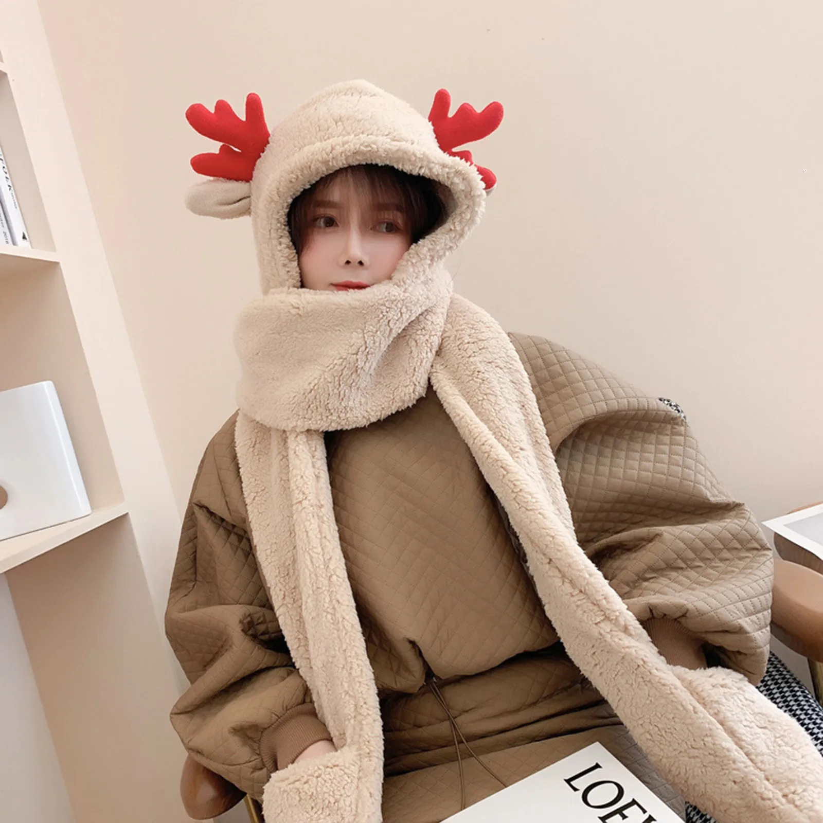 Christmas Antlers Scarf Echarpe Three One Warm Scarf With Gloves Womens Scarf Winterua241108