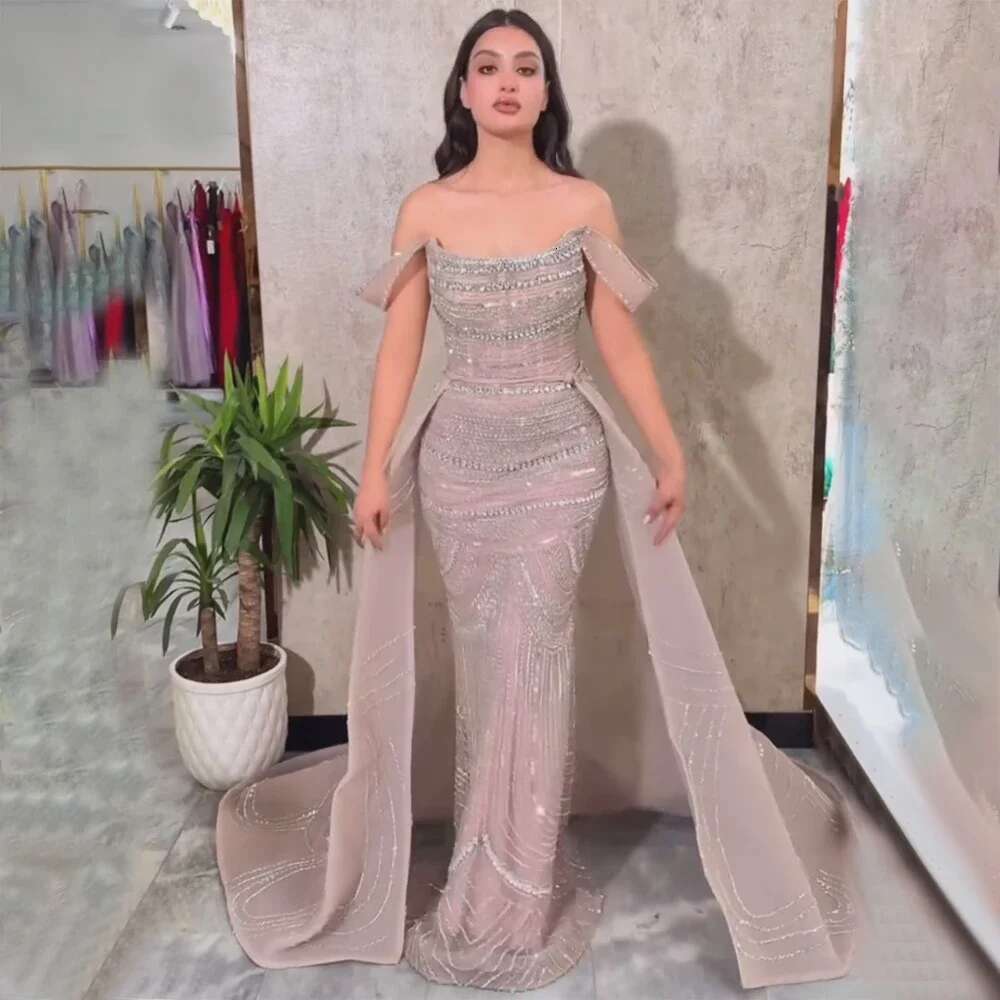 Arabic Pink Customized Mermaid Beaded Evening Gown With Detachable Satin Overskirt For Formal Ocn LA mal