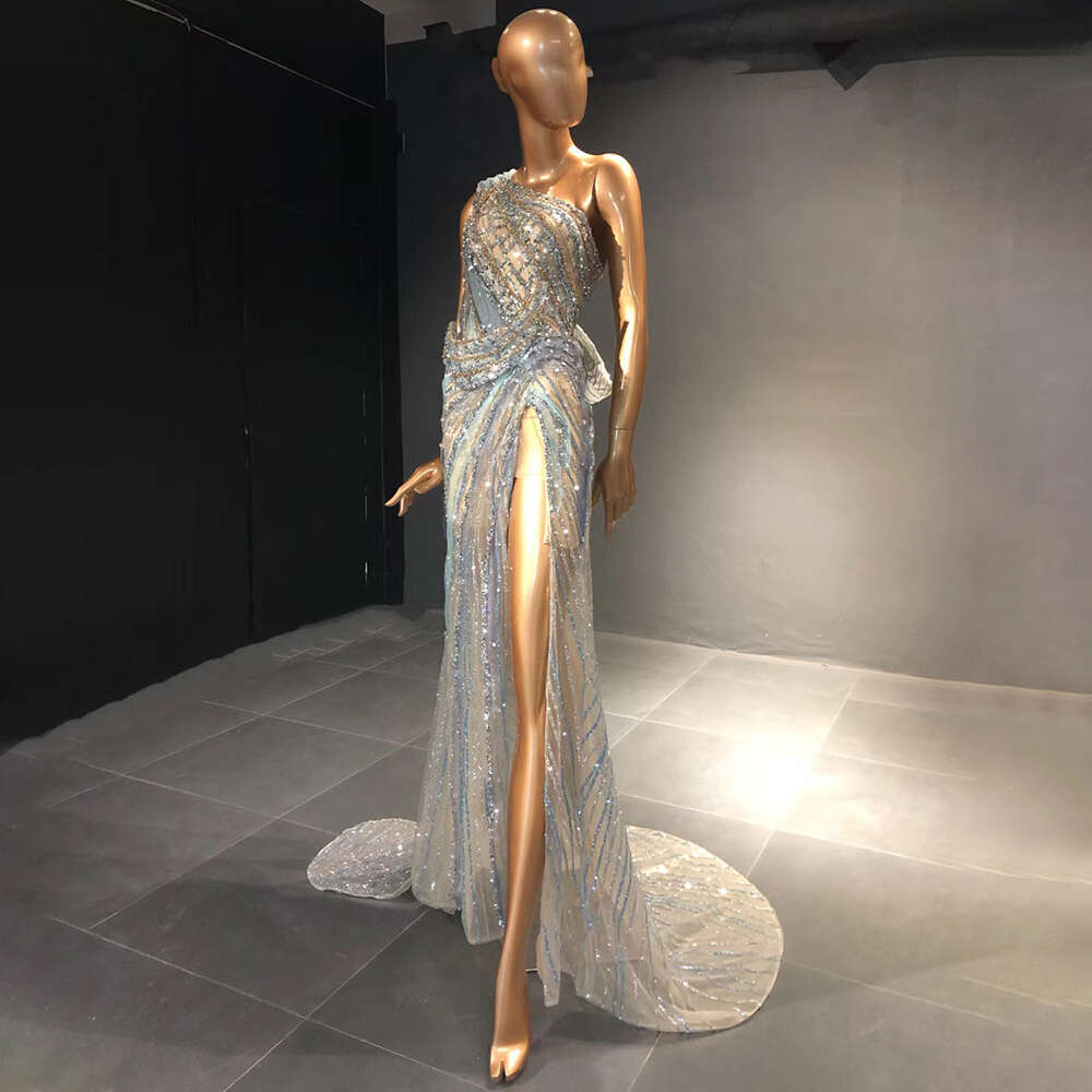 Blue Customized Sliver High Split Evening Dresses Gowns Beaded Mermaid Elegant For Women Party Couture LA