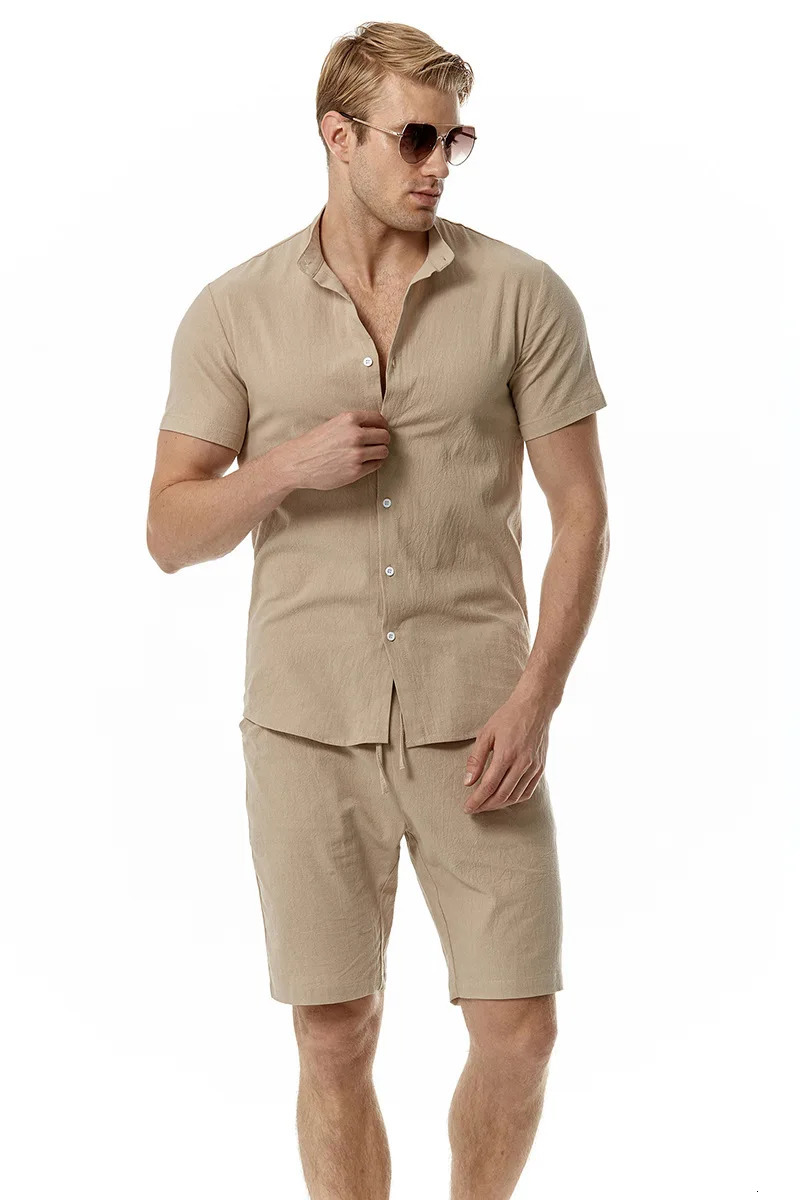 Summer Mens Set Cotton Linen Henry Neck Beach Casual Solid Short Sleeve Shorts 240409