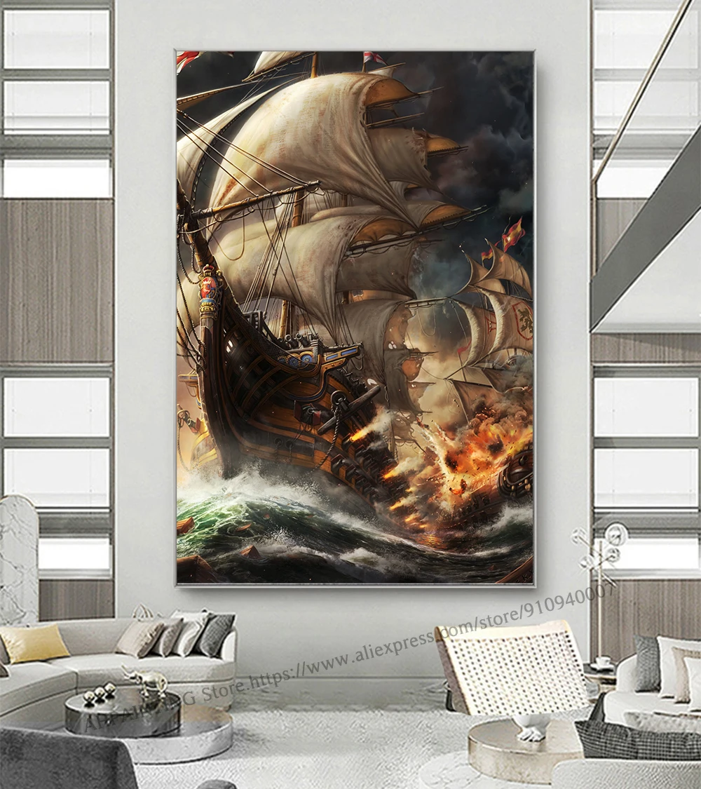 Pirate Ship Dark Sea Battle Poster 18th Century Naval Battle Printed On Canvas Painting Wall Pictures For Living Room Home Decor