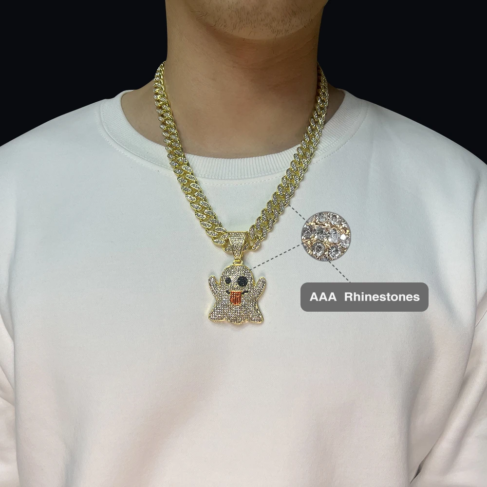 Tongue ULJ Black Ghost Eyes Funny Street Hipster AAA Rhinestones Hip-hop Miami Cuban Link Chain Male Necklace jewelry smile