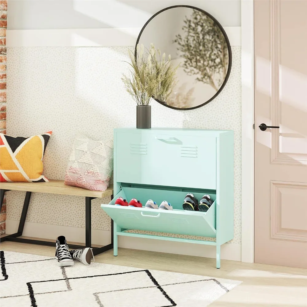 Novogratz Cache 2 Door Locker Style Metal Shoe Storage Cabinet, Mint