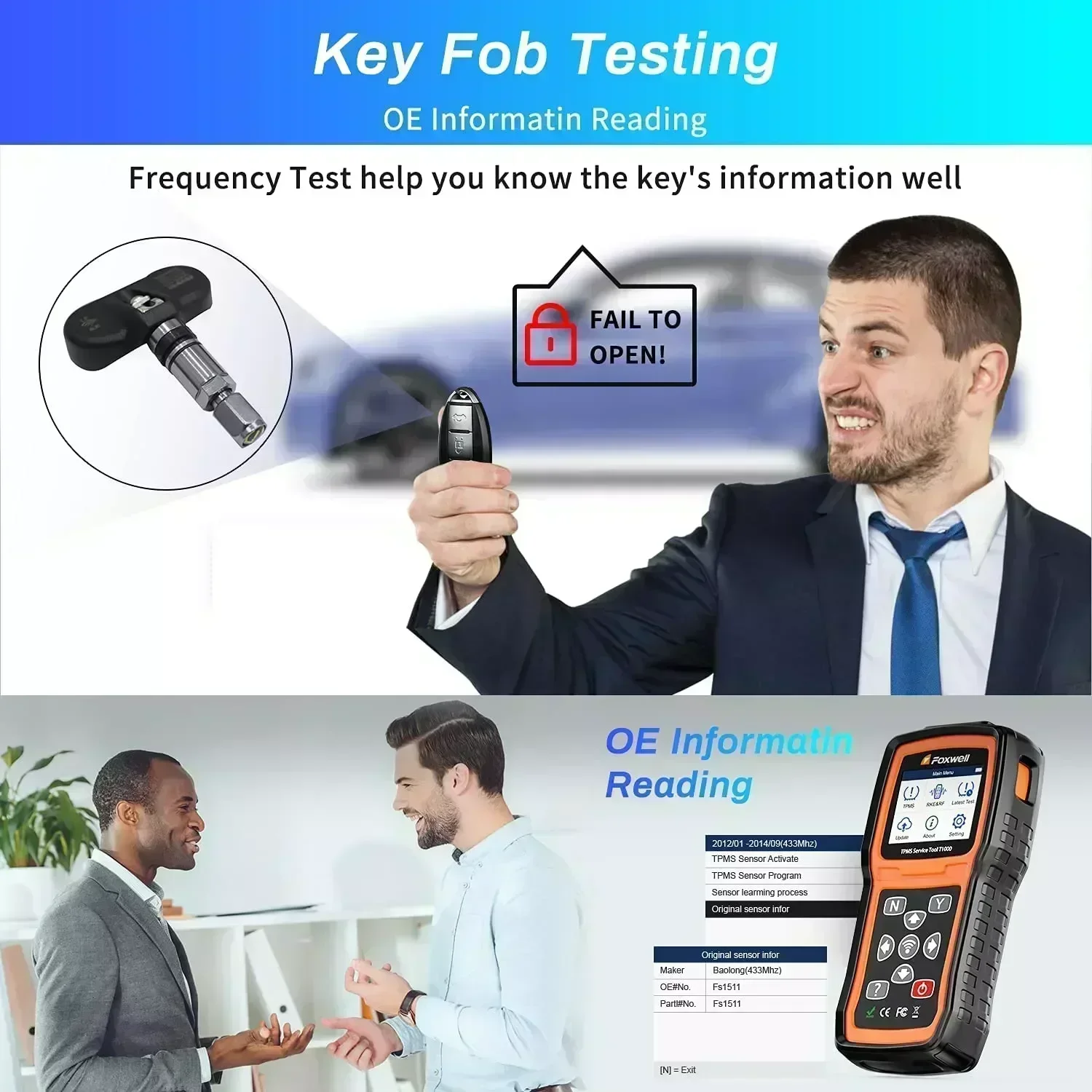 Foxwell T1000 FOB Tire Pressure 2025 Monitoring System Auto new Tester DetectorTPMS Tool TPMS Sensors Programming Activate Check RF Key
